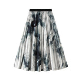 Jupe plissée mi-longue à imprimé encre, style rétro national, taille haute, ourlet large